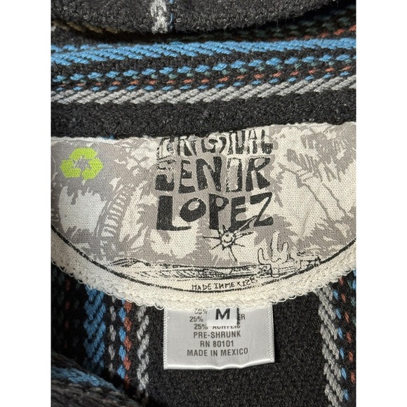 Senor Lopez Hoodie Mens Medium Black Baja Striped Pullover Drug Rug Mexico - Picture 3 of 10